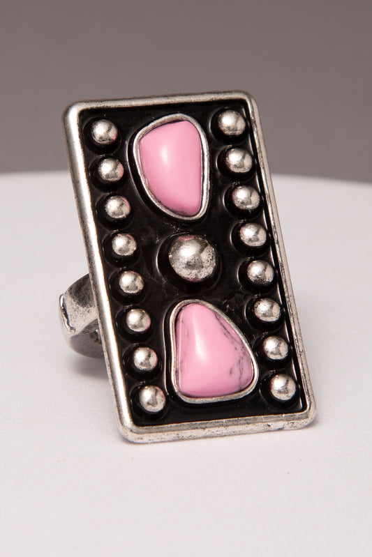 Robin Rectangle Concho Stretch Ring with Pink Stone or Turquoise | Pink