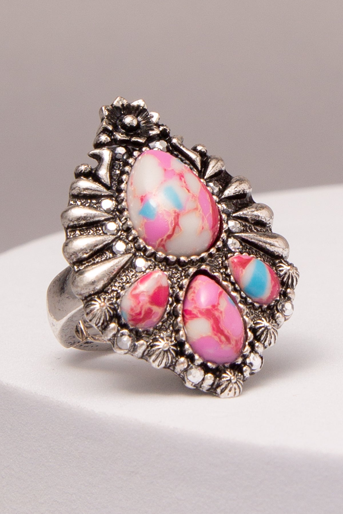 Madison Western Multicolor Teardrop Turquoise Stretch Ring | Fuchsia