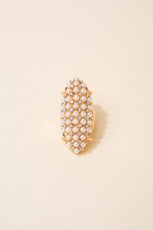 Xyla Pearl & Rhinestone Oval Shield Ring | Gold