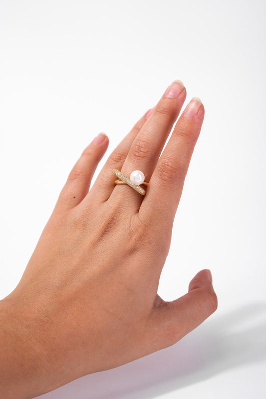 Millie Rhinestone Twist Pearl Adjustable Ring