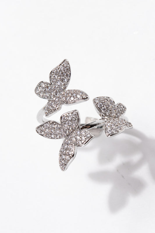 Juliette Butterfly Rhinestone Adjustable Ring - Silver