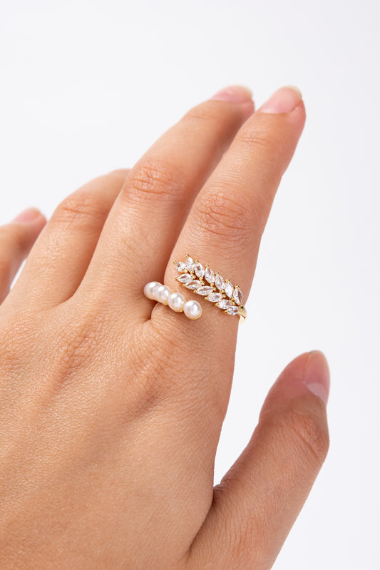 Ashley Vine Pearl CZ Rhinestone Ring | Gold