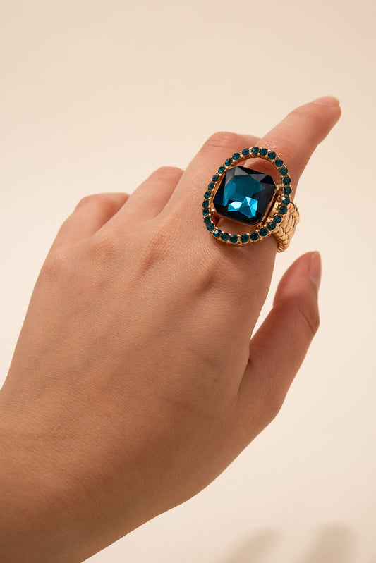 Gianna Square Crystal & Halo Stretch Ring | Teal