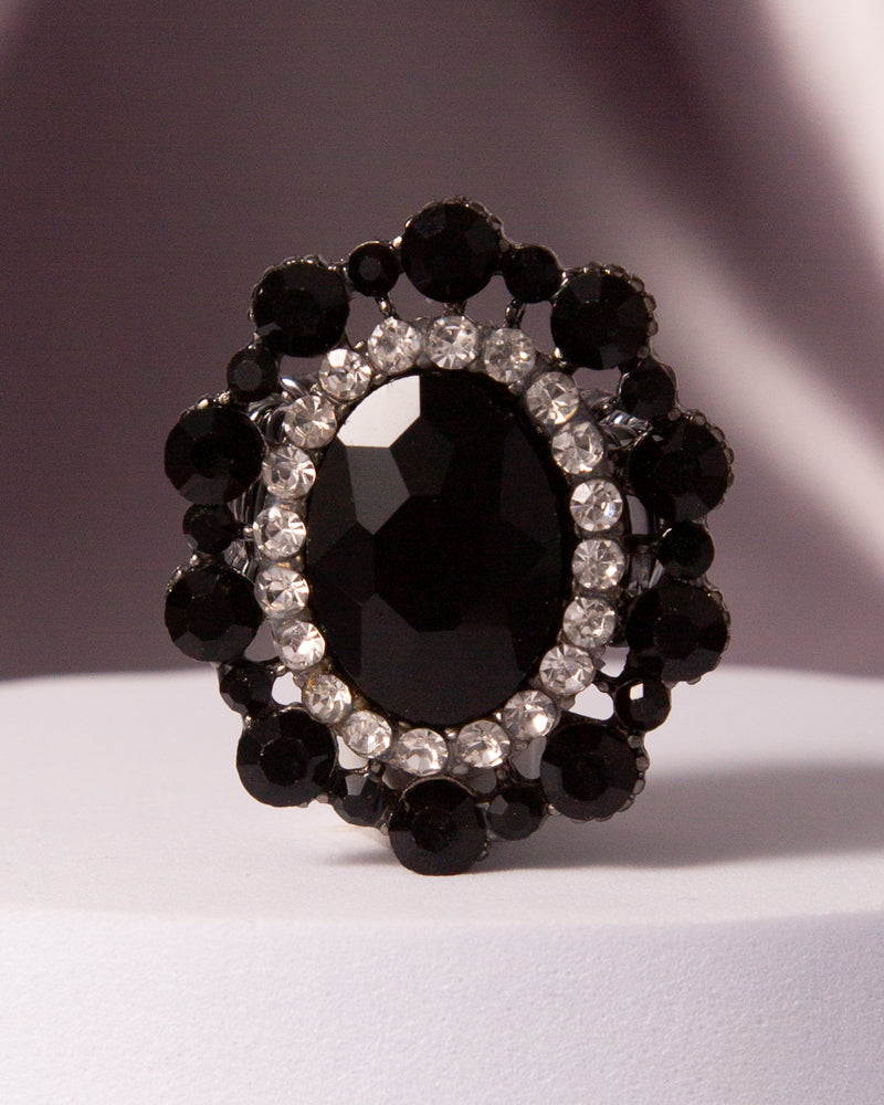 Celine Oval Crystal Sunburst Double Halo Stretch Ring | Black