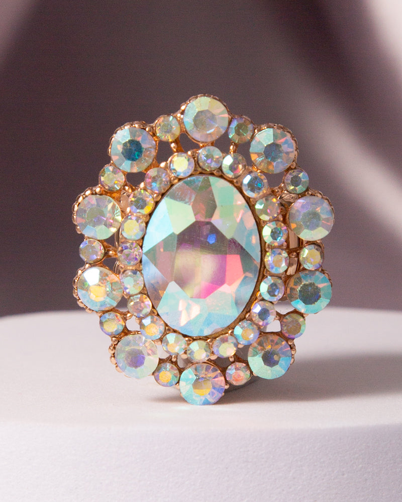 Celine Oval Crystal Sunburst Double Halo Stretch Ring