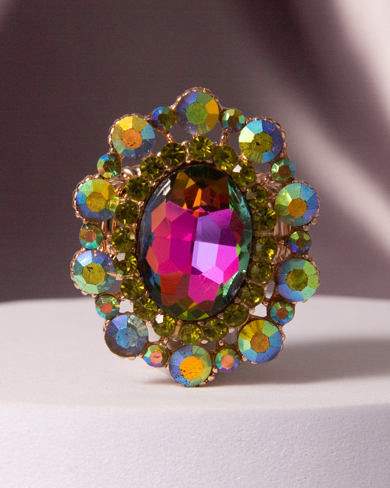 Celine Oval Crystal Sunburst Double Halo Stretch Ring