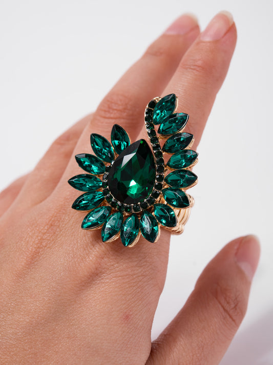 Leah Rhinestone Spider Stretch Ring | Green