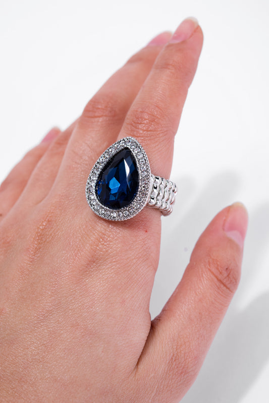 Deliah Teardrop Rhinestone Stretch Ring | Navy