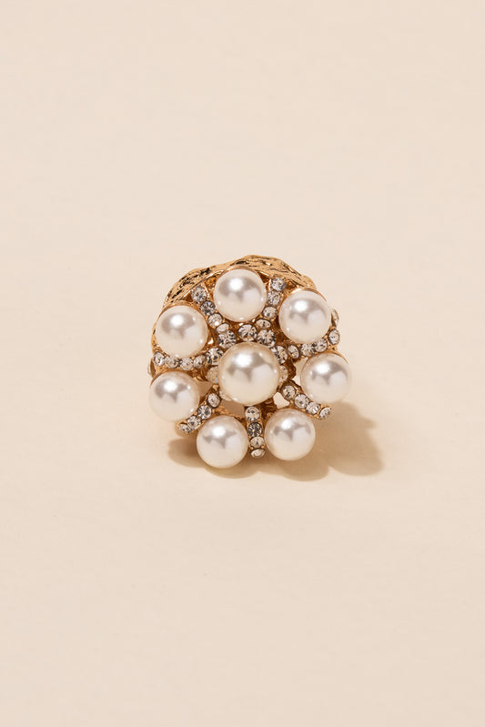 Crowned Jewel Pearl & Rhinestone Floral Stretch Ring - Gold