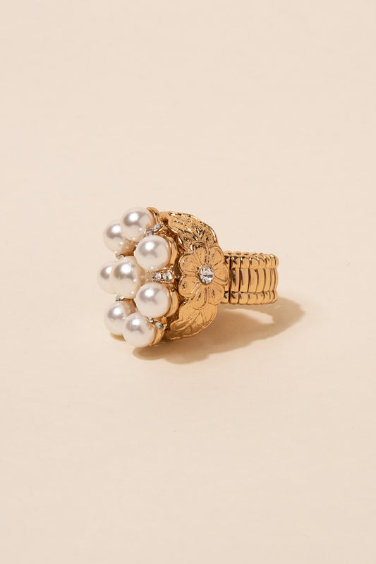 Crowned Jewel Pearl & Rhinestone Floral Stretch Ring - Gold | Cream