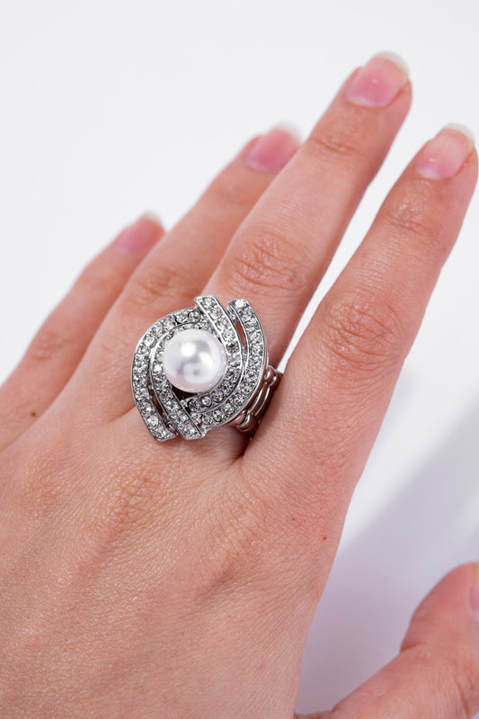 Dawna Metal Stone Pearl Stretch Ring | Silver