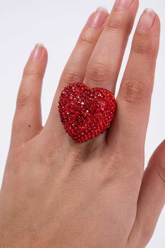 Elsie Crystal Rhinestone Pave Heart Shaped Stretch Ring | Red