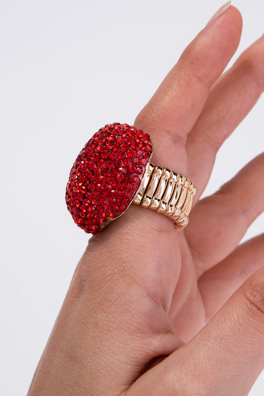 Elsie Crystal Rhinestone Pave Heart Shaped Stretch Ring | Red