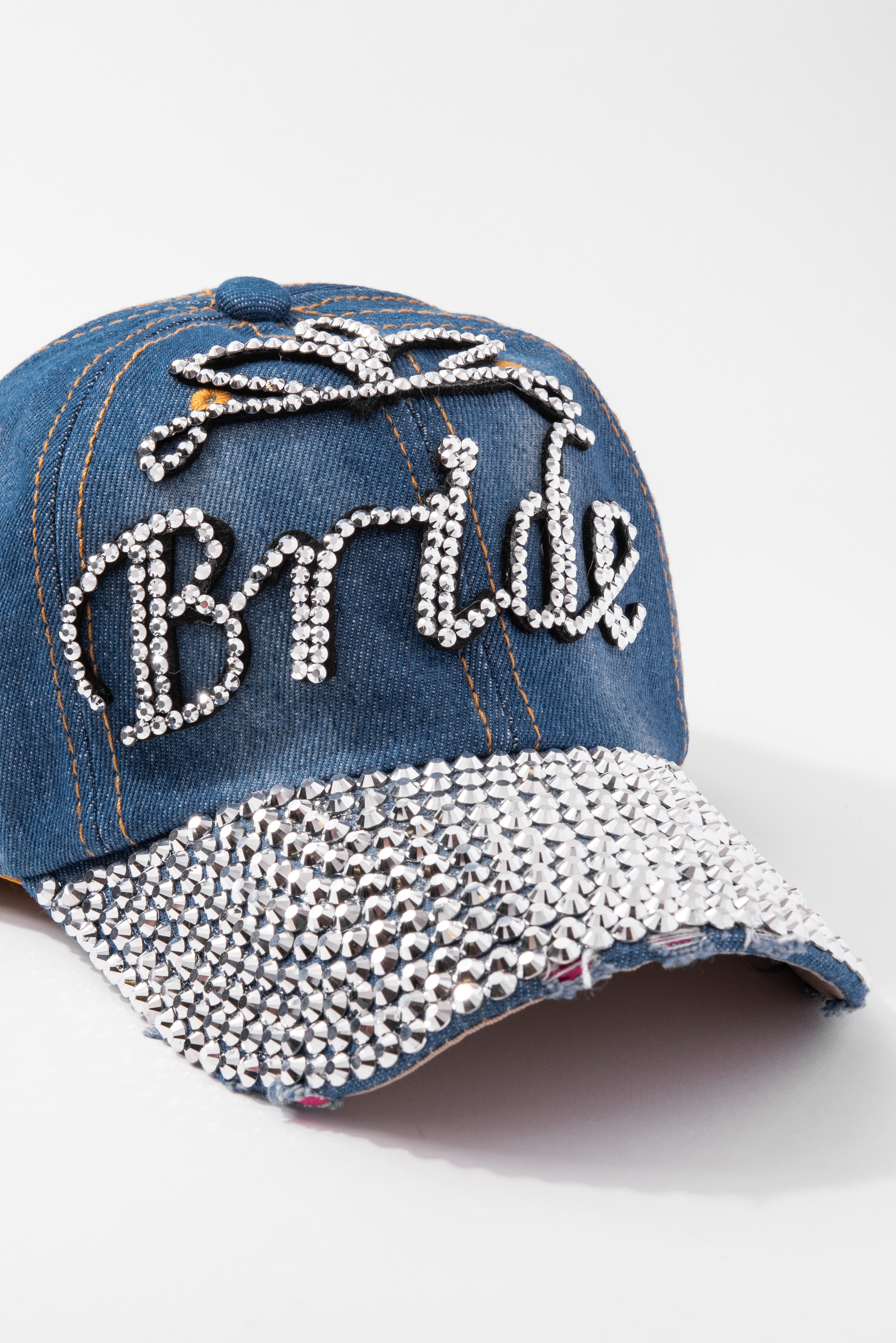 Distressed BRIDE Rhinestone Denim Cap | Dark Denim / Black