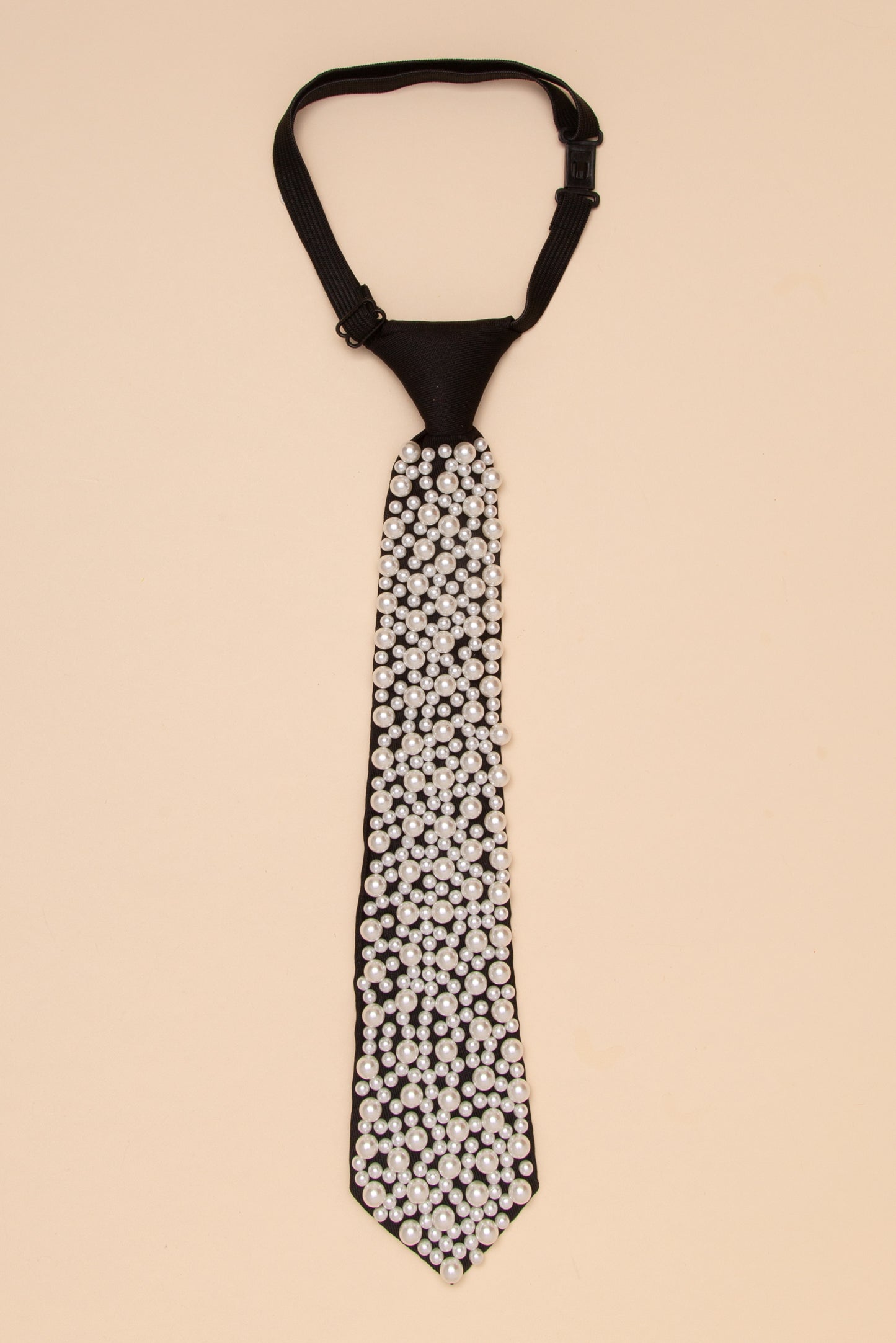 Cassidy Pearl Covered Black Tie Necklace With Adjustable Clasp