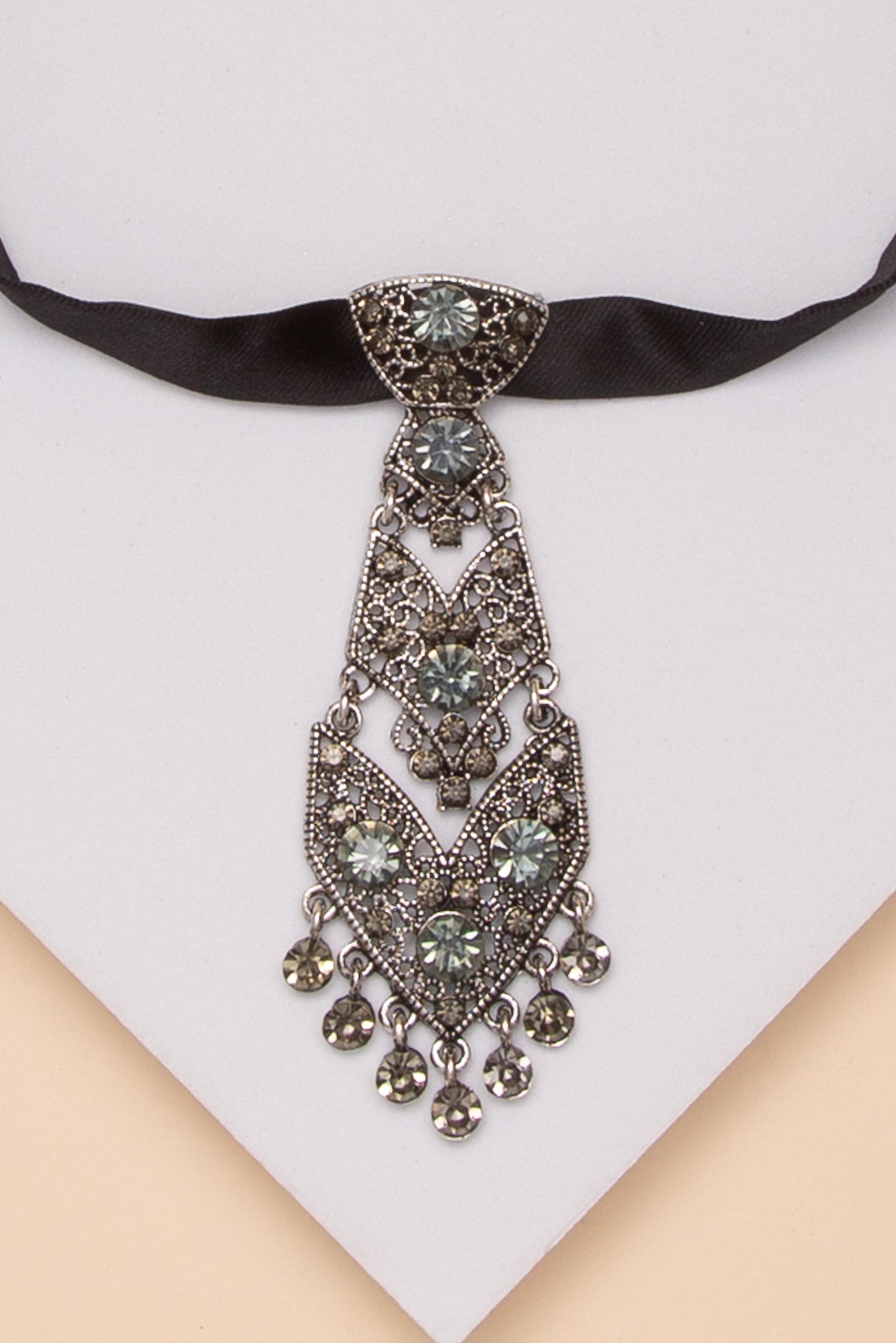 Ivanna Crystal Filigree Tie Pendant Necklace | Dark Grey