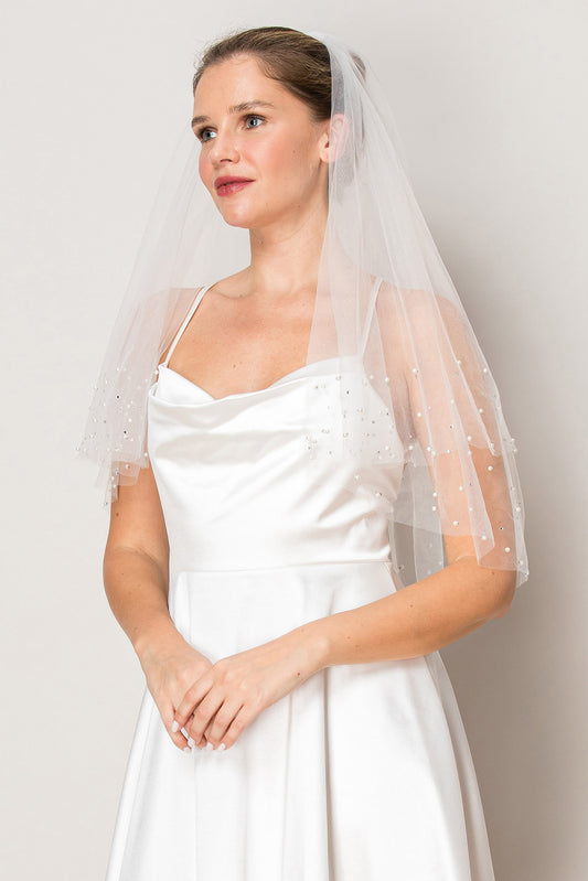 Ashley Two Layer Scattered Rhinestone and Pearl Waist Length Veil