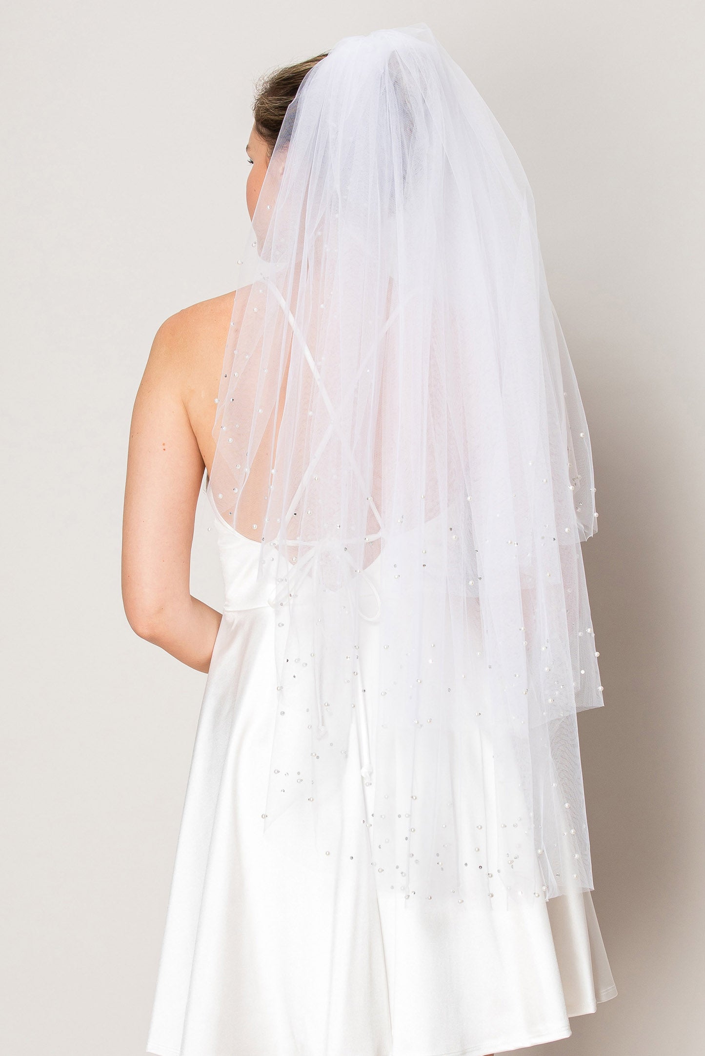 Khloe Three Layer Crystal and Pearl Hip Length Wedding Veil