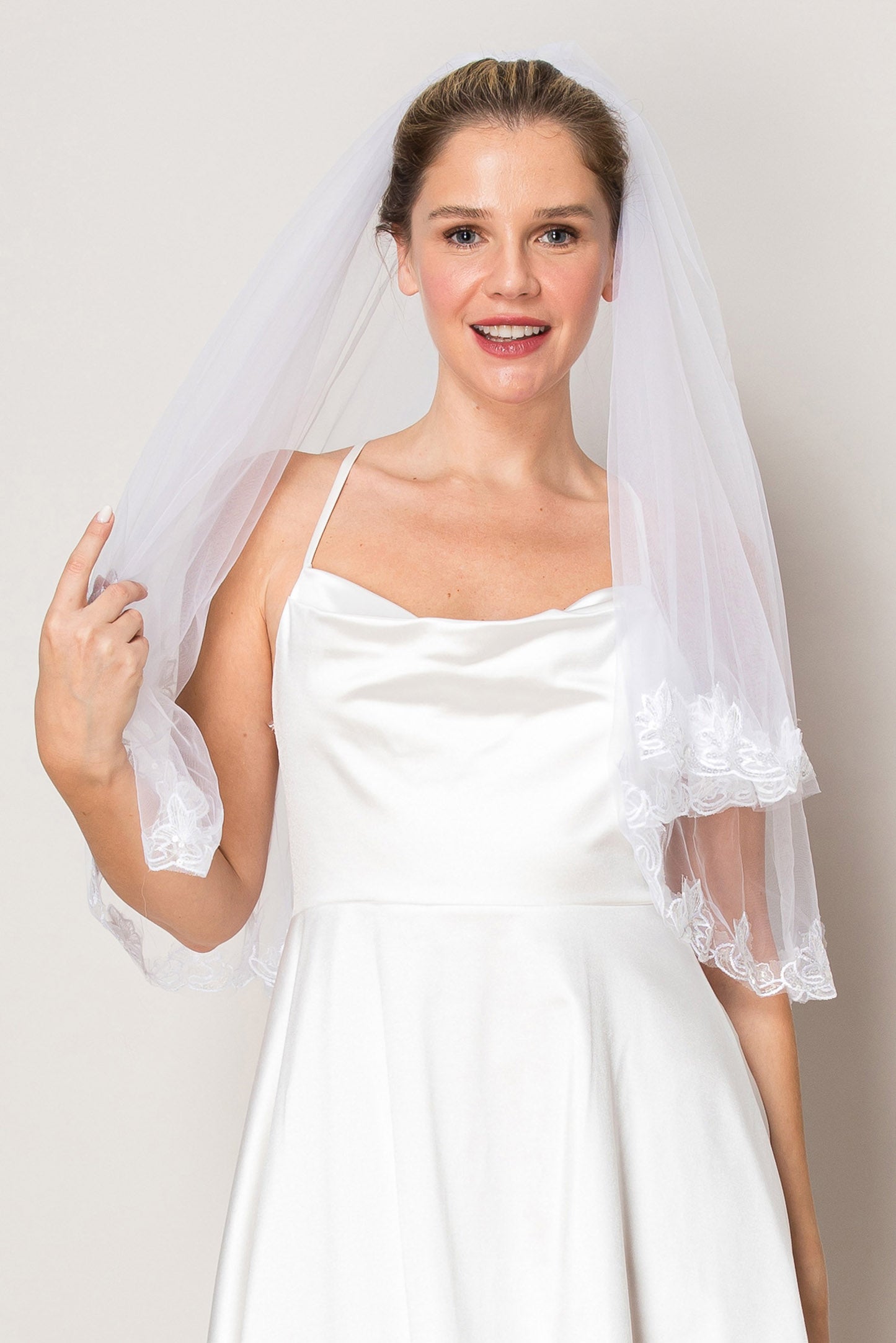 Lauren 2 Layer Floral Sequins Lace Edge Waist Length Wedding Veil
