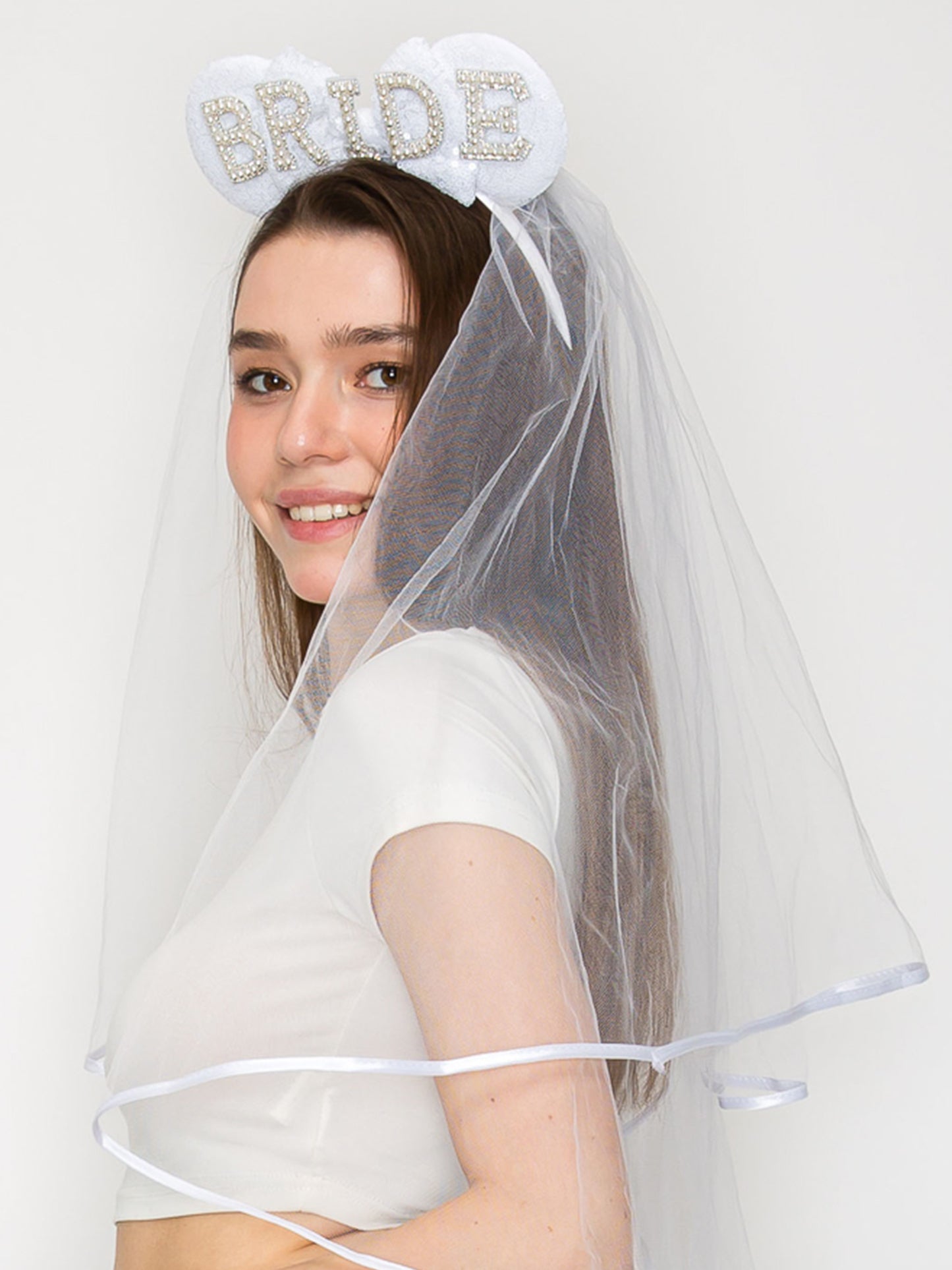 Ruby Bridal Wedding Headband Featuring Pearl Lettering Tulle Veil