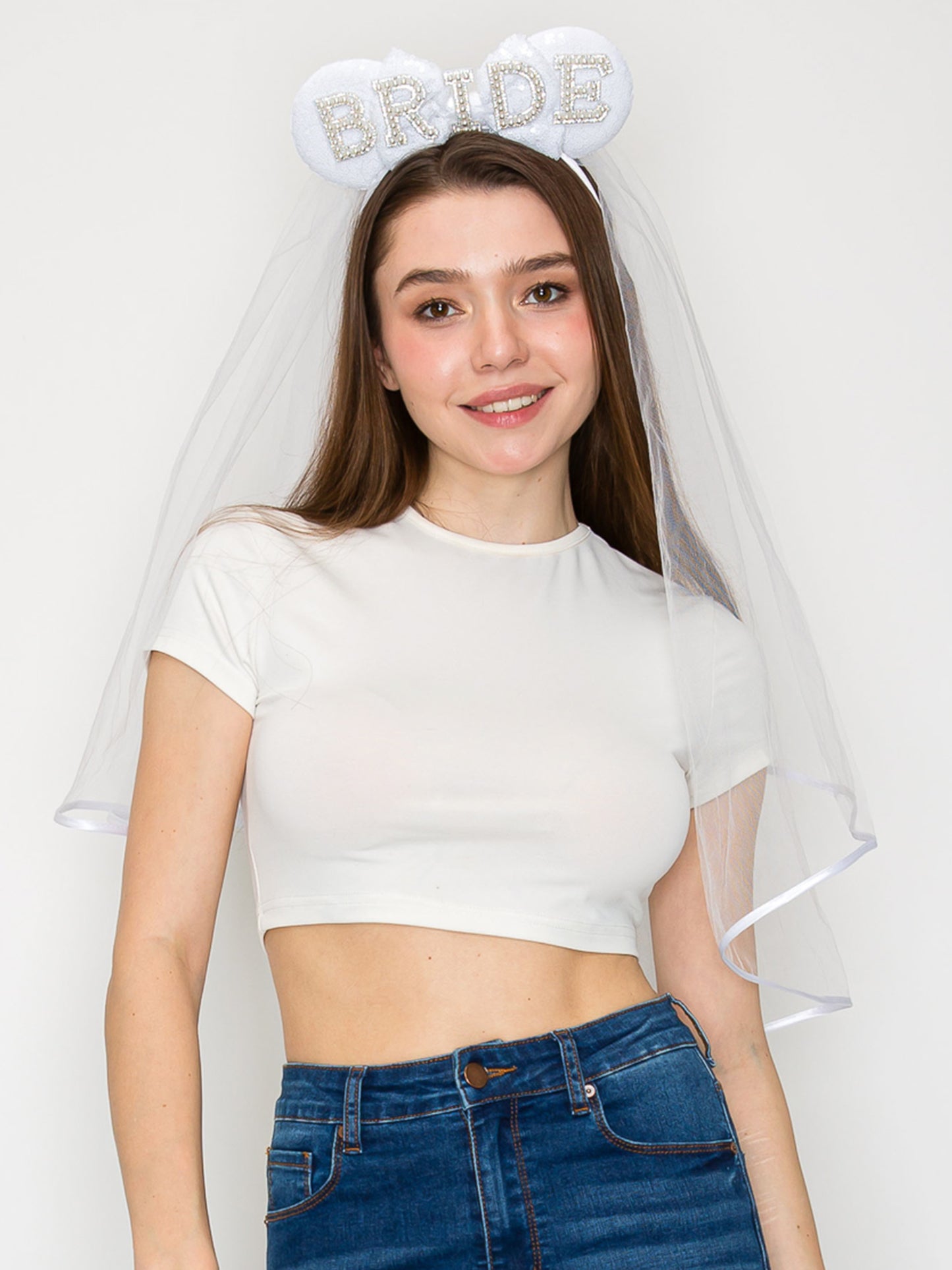 Ruby Bridal Wedding Headband Featuring Pearl Lettering Tulle Veil