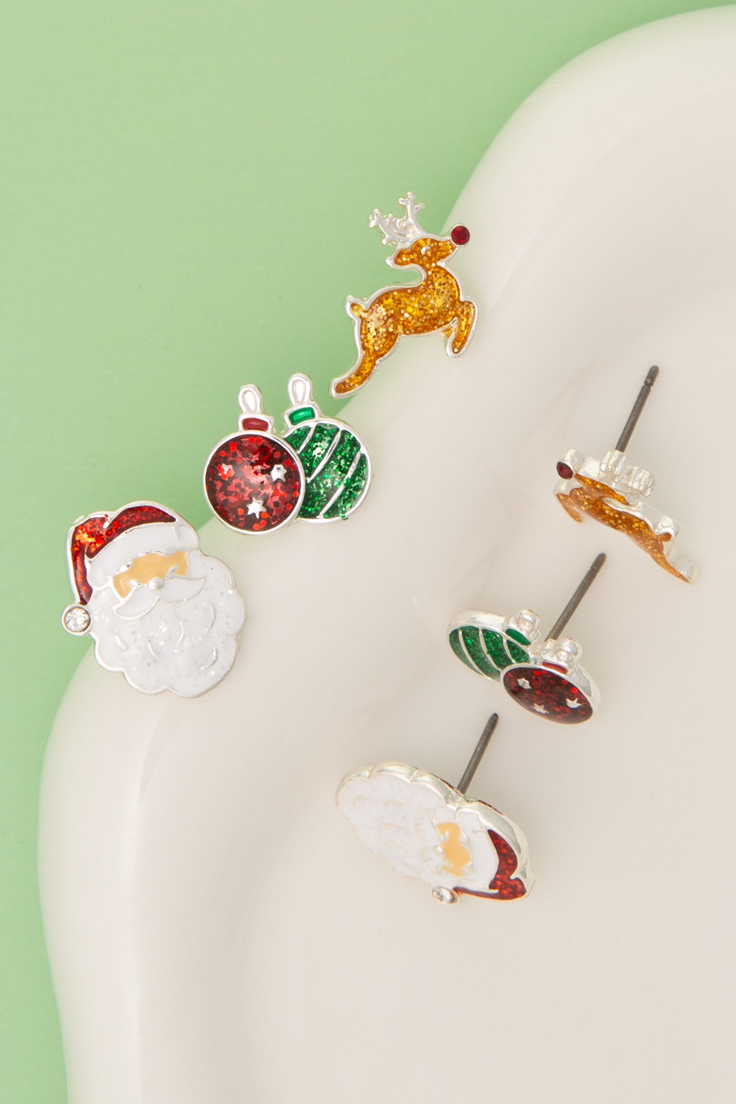 Elizabeth Christmas Earring Set with Santa, Reindeer, and Ornament | Gold