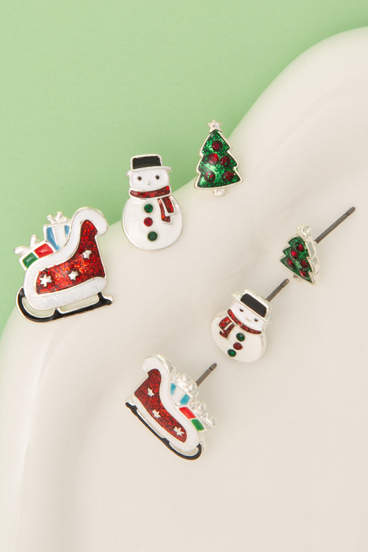 Layla Holiday Earring Set with Christmas Tree, Snowman and Sleigh | Silver