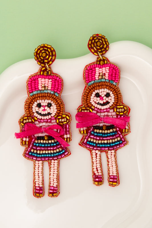 Mila Christmas Nutcracker Dame Beaded Post Dangle Earrings | Pink