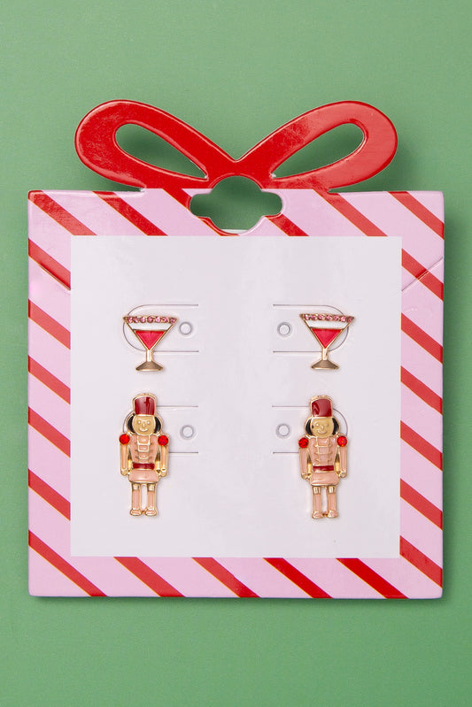 Catherine Christmas Enamel Nutcracker and Martini Holiday Earring Set | Pink