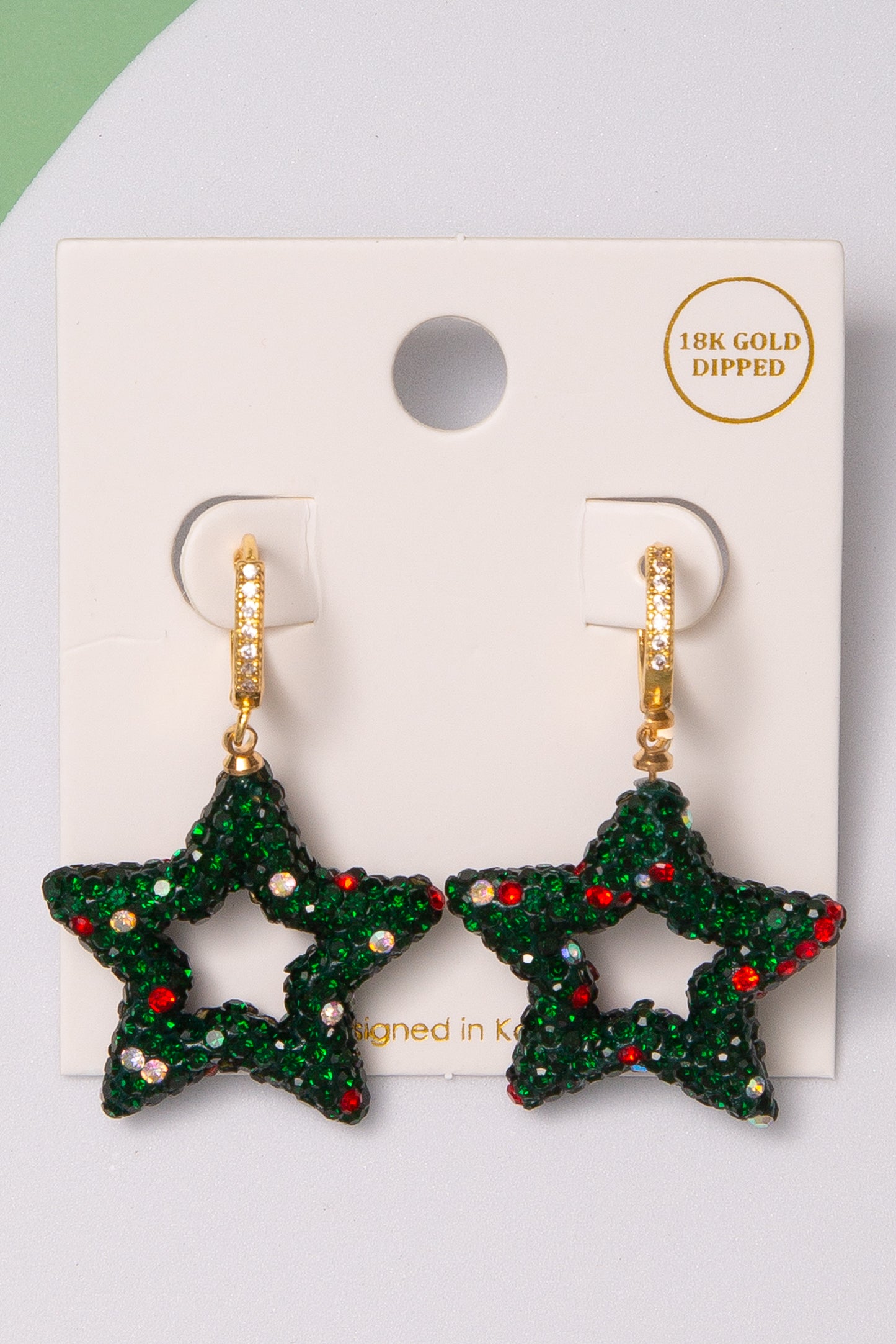 Marina Christmas 18K Gold Dipped Crystal Pavé Hoop Star Earrings | Green