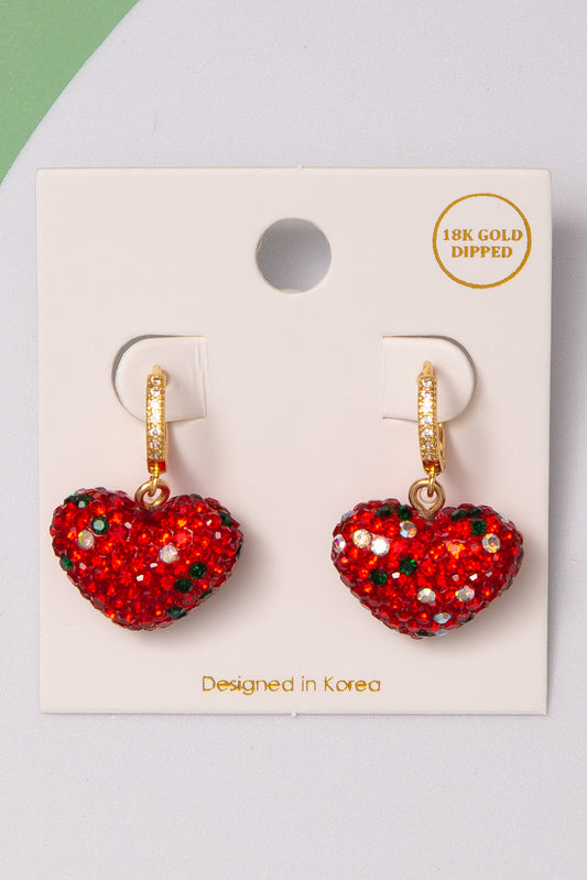 Gwen Christmas 18K Gold Dipped Crystal Pavé Hoop Heart Earrings | Red