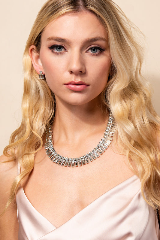 Danika Rectangular Stone Necklace & Earring Set | Silver