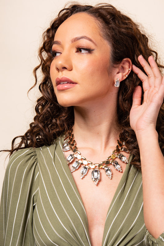 Anabella Geometric Stone Chain Necklace & Earring Set | Gold