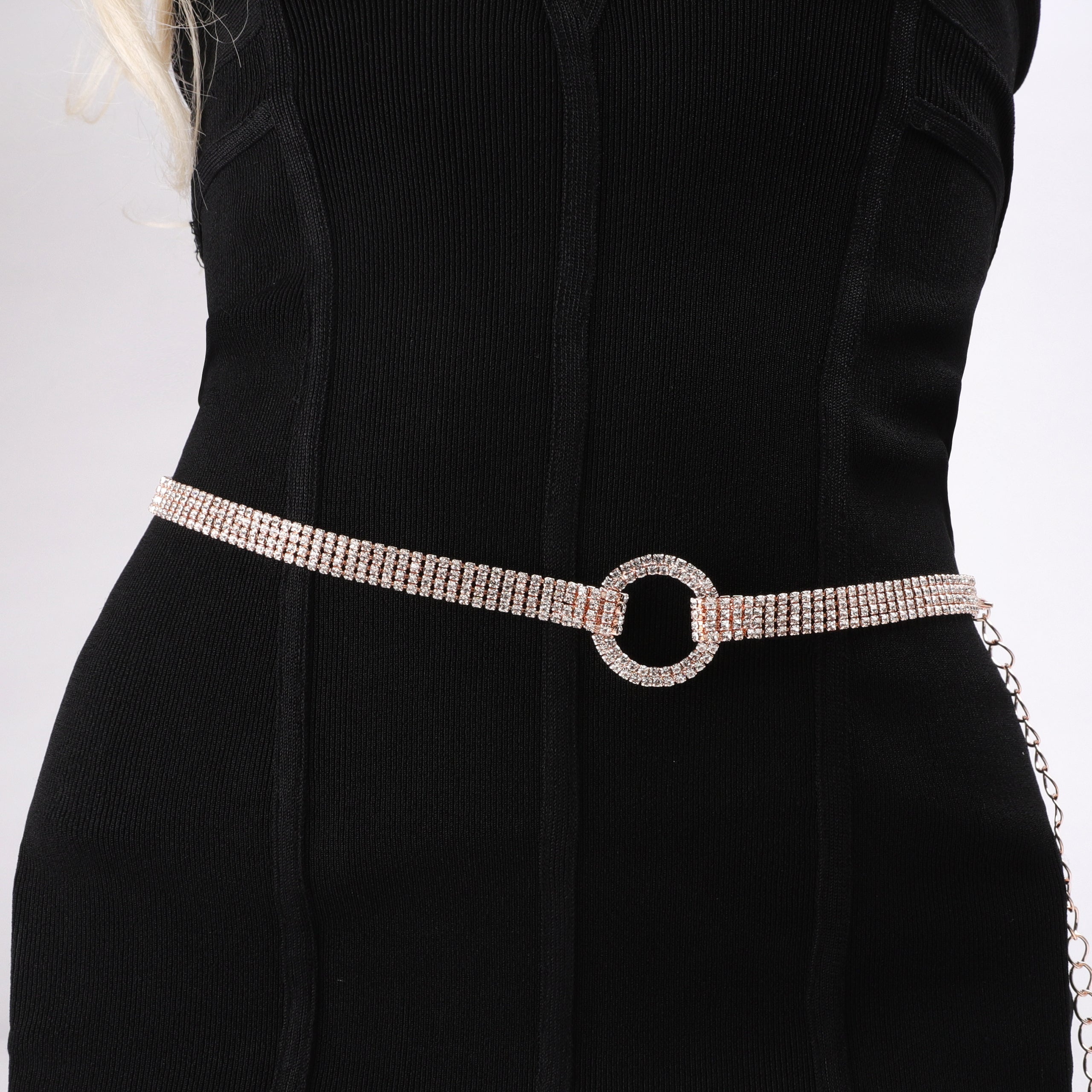 Melanie O-Ring Rhinestone Chain Belt - Rose Gold Sophia Collection Melanie O-Ring Rhinestone Chain Belt - Rose Gold Sophia Collection