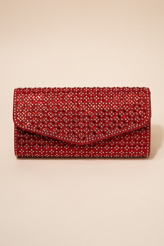 Rachel Diamond Grid Embellished Envelope Clutch | Red