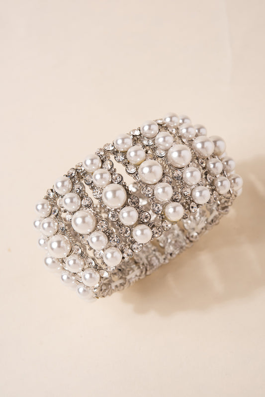 Marvel Pearl & Rhinestone Bracelet Bangle | Silver