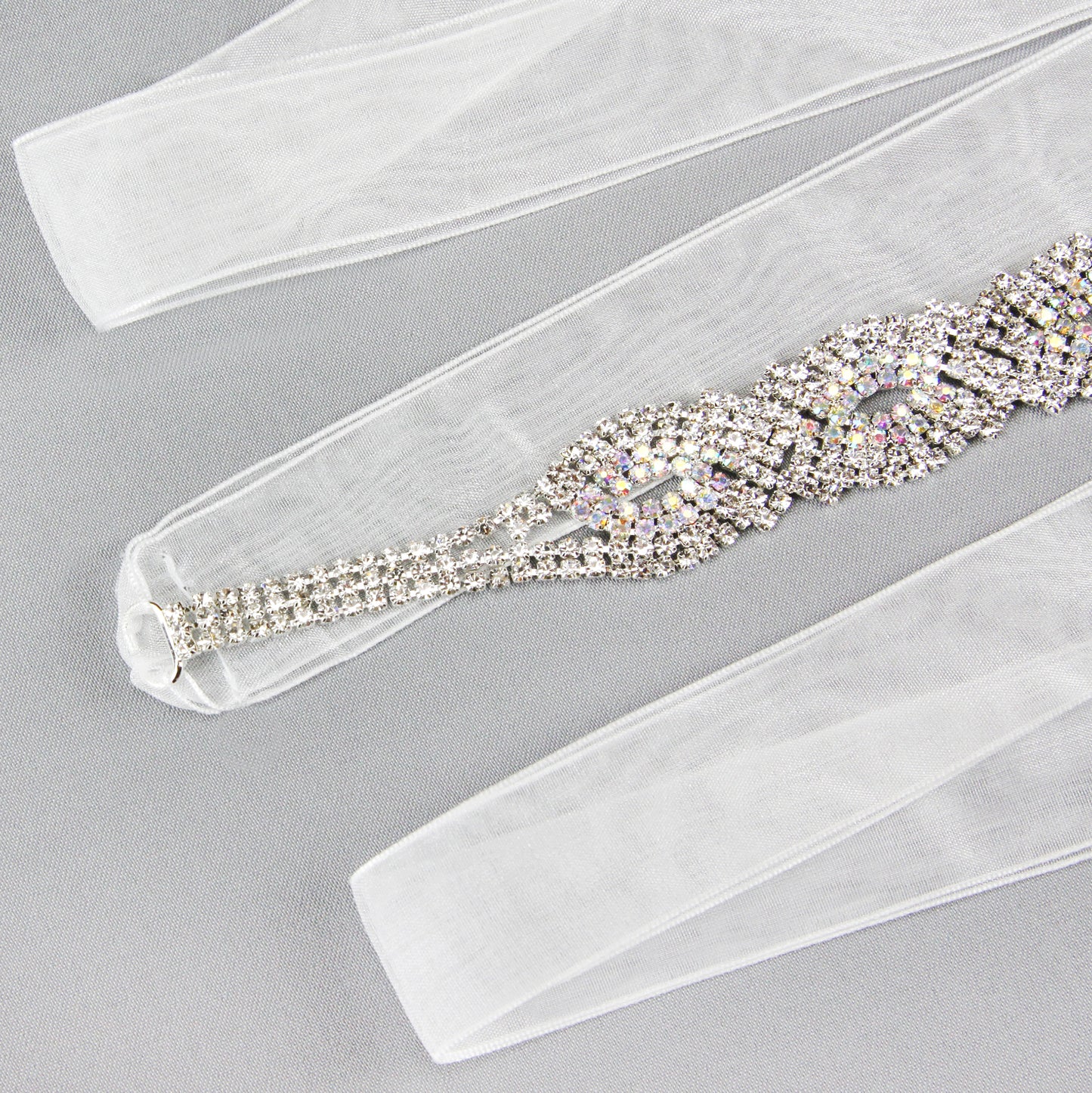 Amara Infinity Rhinestone Ribbon Bridal Sash Belt - Silver Iridescent