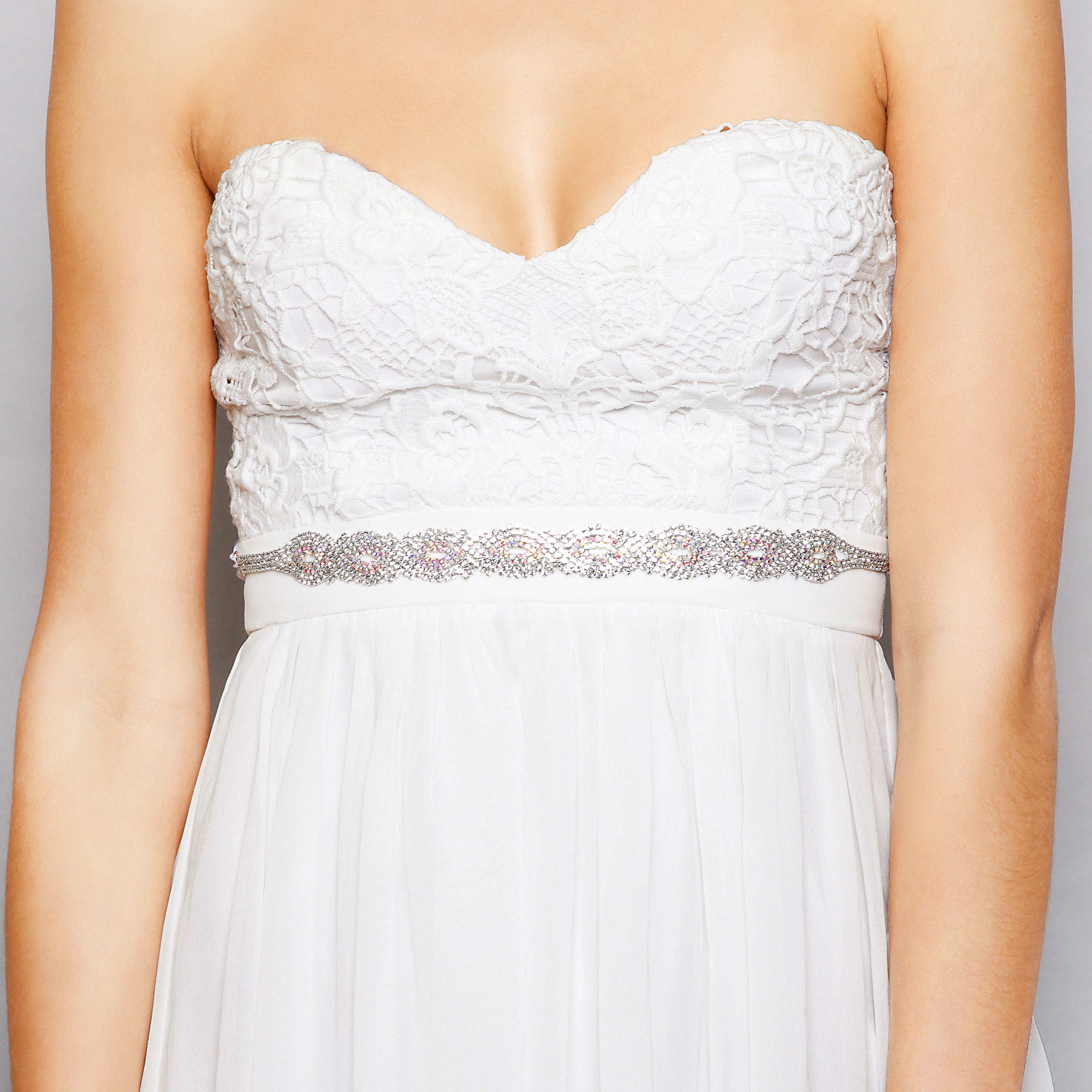 Amara Infinity Rhinestone Ribbon Bridal Sash Belt - Silver Iridescent