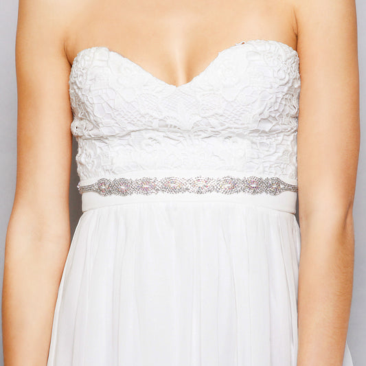 Amara Infinity Rhinestone Ribbon Bridal Sash Belt - Silver Iridescent