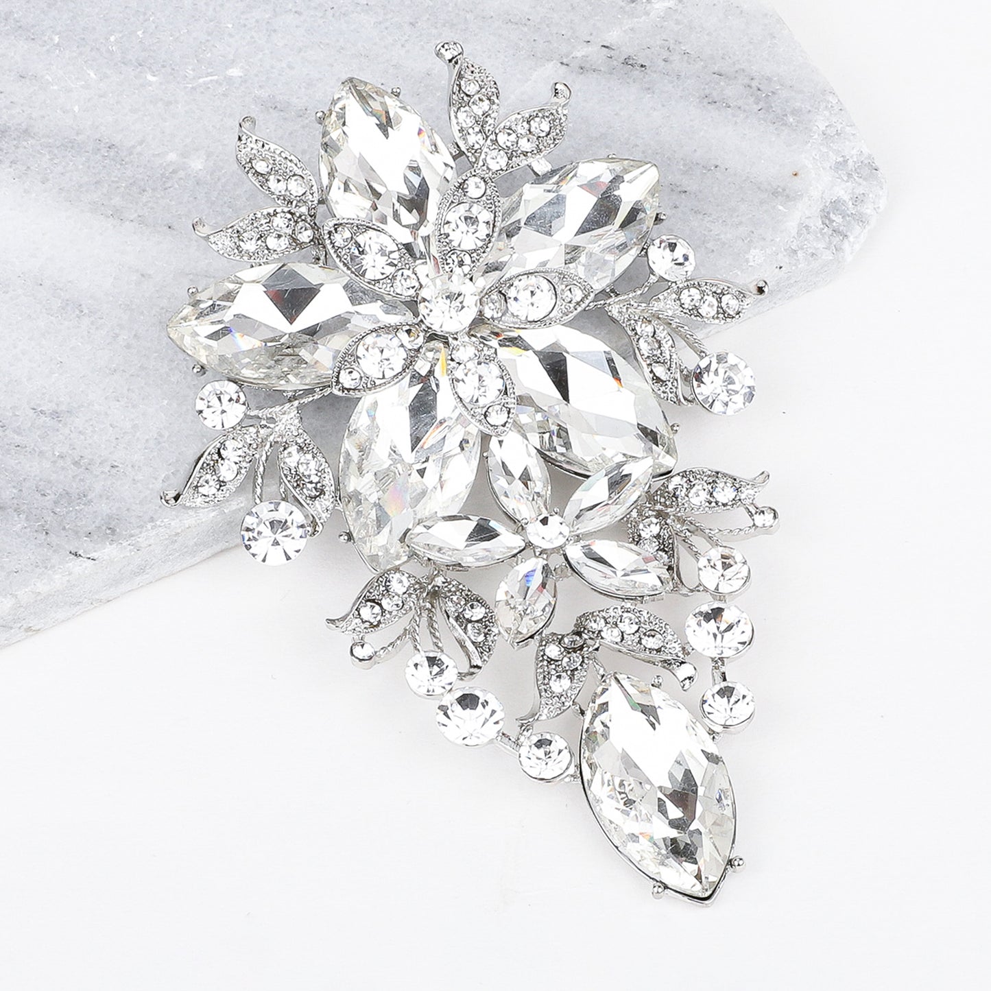 Piper Floral Statement Rhinestone Brooch - Silver