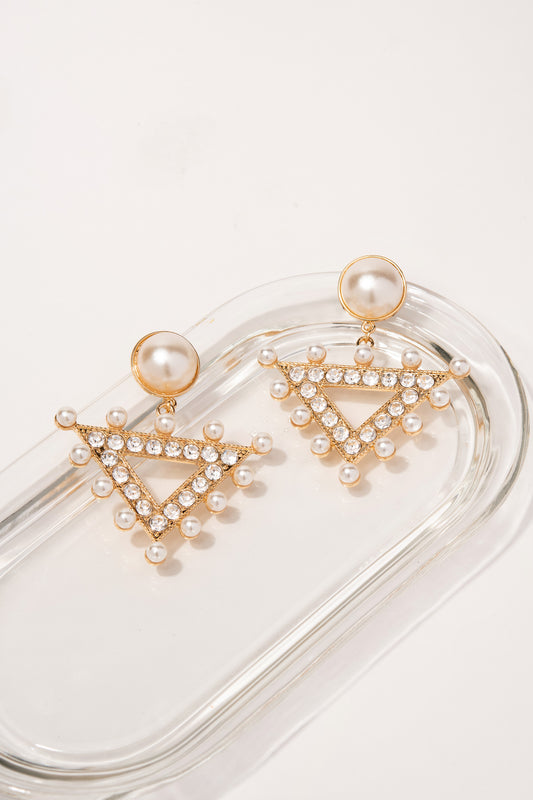 Meara Rhinestone and Pearl Triangle Drop Earrings | Gold
