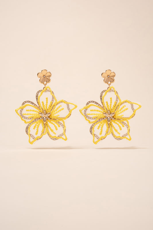 Embroidered Rhinestone Flower Earrings | Yellow