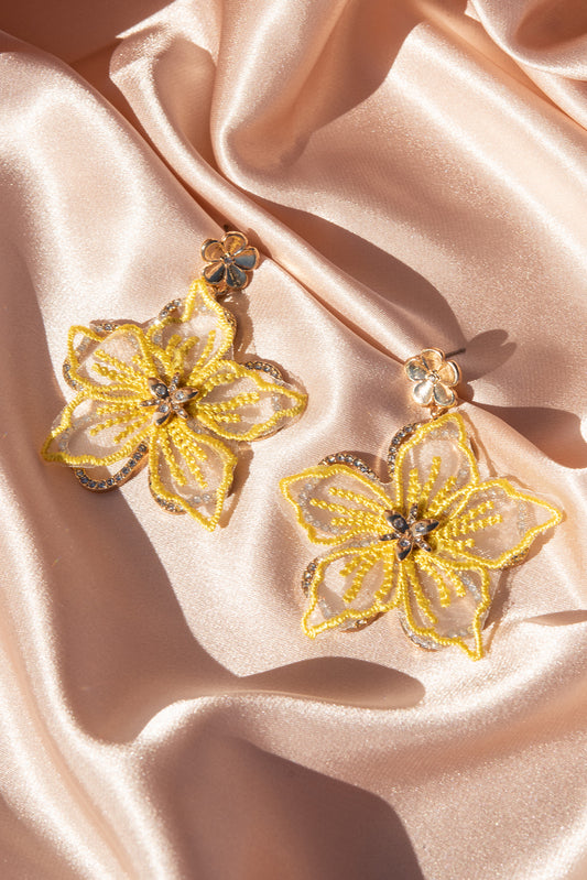 Embroidered Rhinestone Flower Earrings | Yellow
