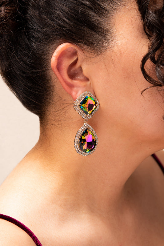 Rhinestone Clip On Glass Drop Earrings | Green Rainbow