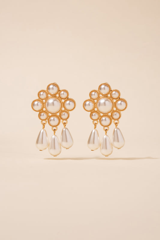 Kaia Floral Pearl Cluster & Tassel Earrings | Gold