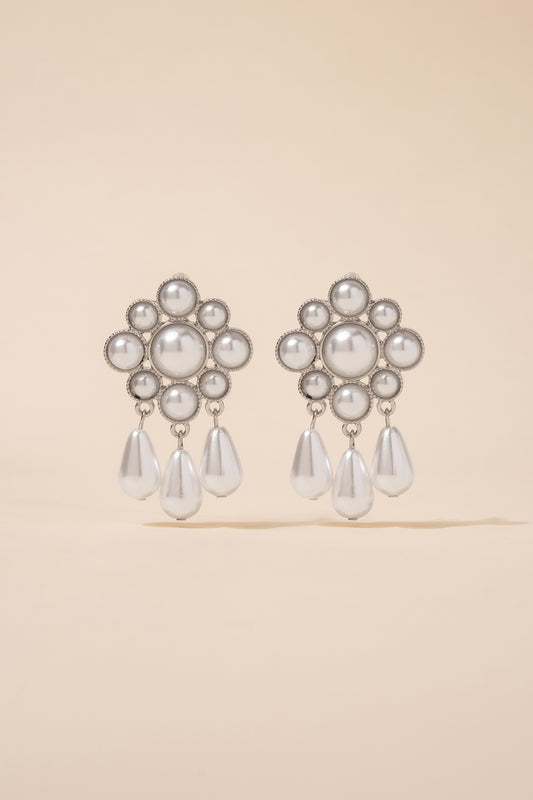 Kaia Floral Pattern Pearl Cluster & Tassel Dangle Drop Earrings - Silver White