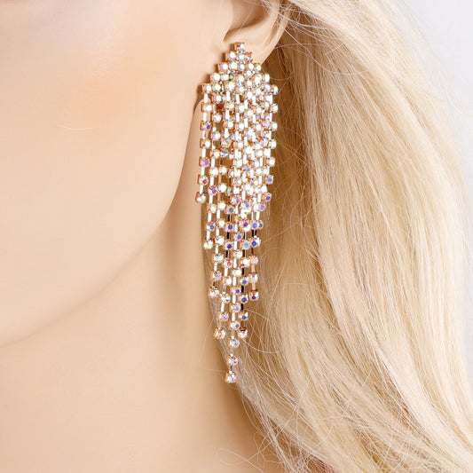Serenity Fringe Chandelier Rhinestone Clip-on Earrings | Gold Iridescent