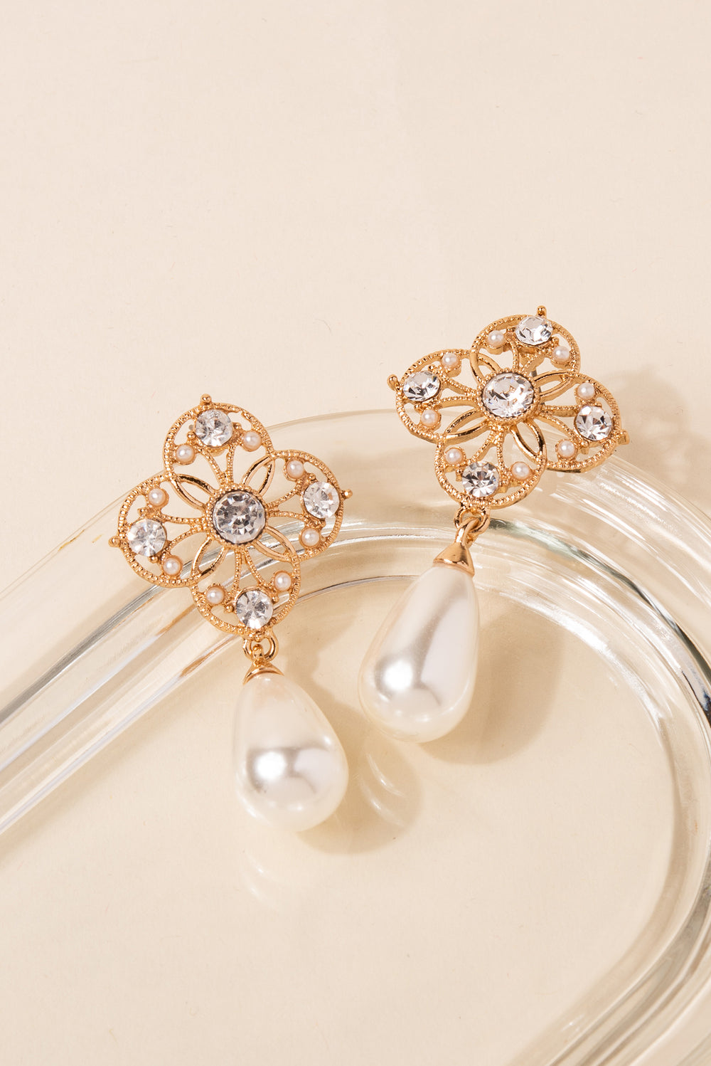 Kimberly Flower Pearl Drop Earrings | Gold