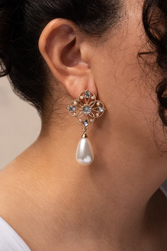 Kimberly Flower Pearl Drop Earrings | Gold