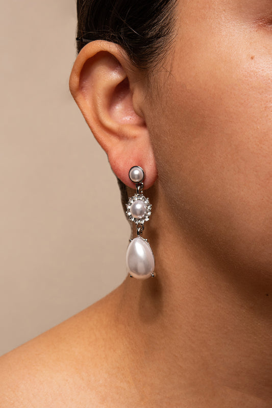 Tiana 3 Pearl Drop Earrings | White